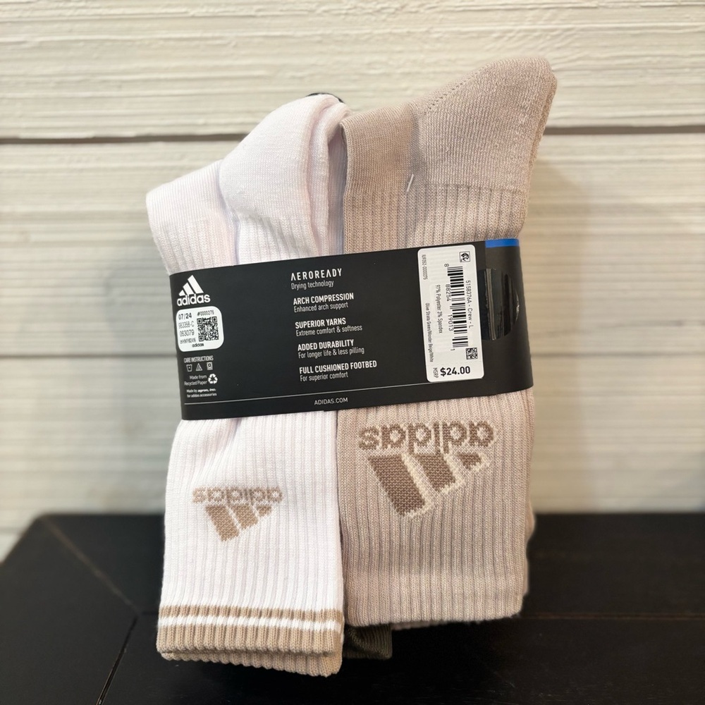 ADIDAS Men’s Cushioned Arch Compression Crew Socks 6 Pair Size 6-12 White NEW